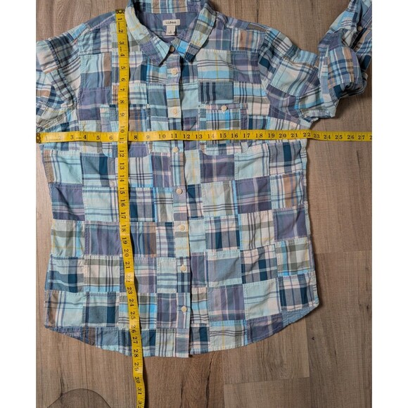LL Bean Size L Patchwork Madras Plaid Button Down Blouse Cotton Boho Preppy - Picture 13 of 14